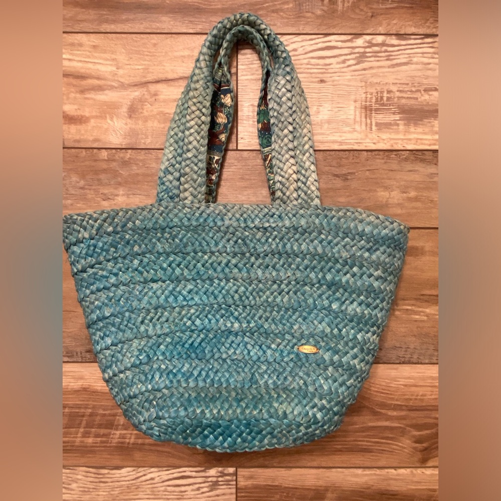 Vintage CAPPELLI Straworld Ltd Straw Lined Beach Bag Ocean Blue